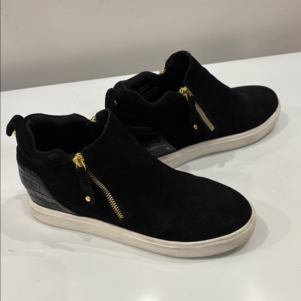 Steve Madden Women’s Wedgie Sneaker Black Suede with Gold Accents